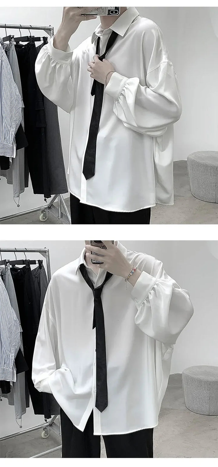 Korean Style Men's Long-sleeved Shirts Black Tie Cozy Casual Solid Oversize Blouses Breathable Loose Shirt Harajuku Male Clothes