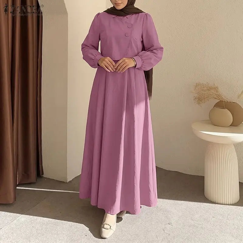 ZANZEA Fashion Muslim Dresses Abaya Ramadan Robe Fake 2 Pieces Women Elegant Long Sleeve Pleated Sundress Dubai Casual Kaftan