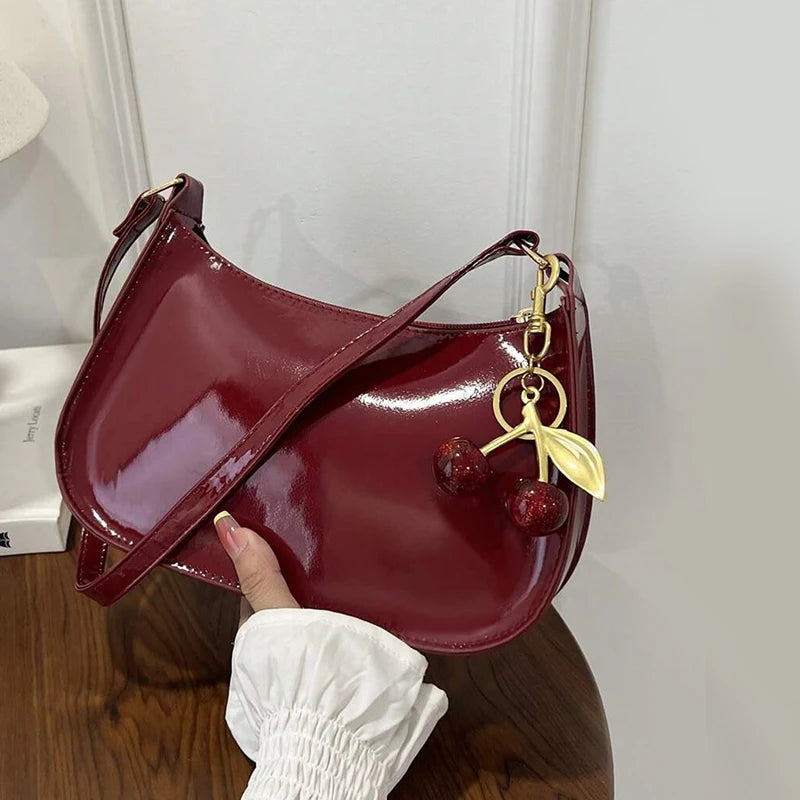 Vintage Women’s PU Leather Shoulder Bag – Crossbody Handbag with Cherry Pendant