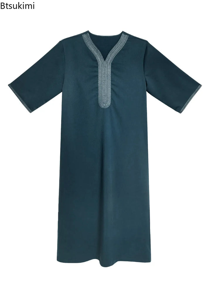 Middle East Kaftan Men's Muslim Fashion Abayas Short Sleeve Casual Robe Breathable Ethnic Style Embroidered Men Moroccan Thobe