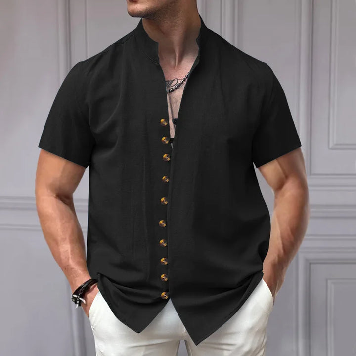 Summer New Short Sleeve Shirts for Men Fashion Solid Casual Linen Tops Breathable Stand Collar Loose Beach Blouses Men Clothing