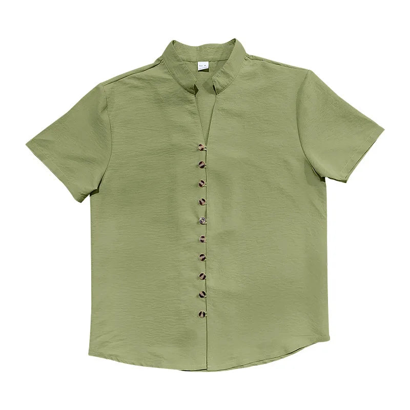 Summer New Short Sleeve Shirts for Men Fashion Solid Casual Linen Tops Breathable Stand Collar Loose Beach Blouses Men Clothing