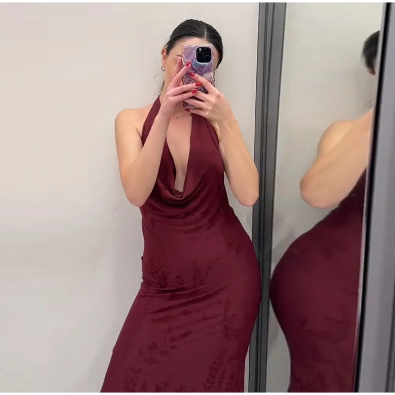 Women’s 2026 Vintage Red Lace-Up Dress – Sleeveless Deep V Neck Elegant Party Gown