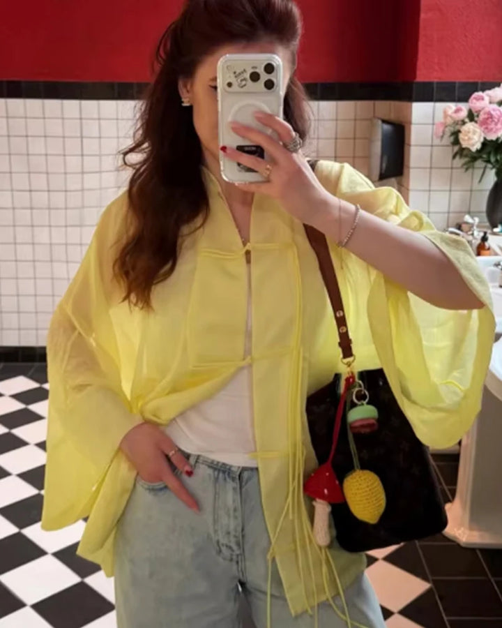 Women's Shirt 2026 New Fashion Summer Solid Color Oversize Rope Knot Detail Draped Shirt for Women Loose Chic Ladies Shirt Top
