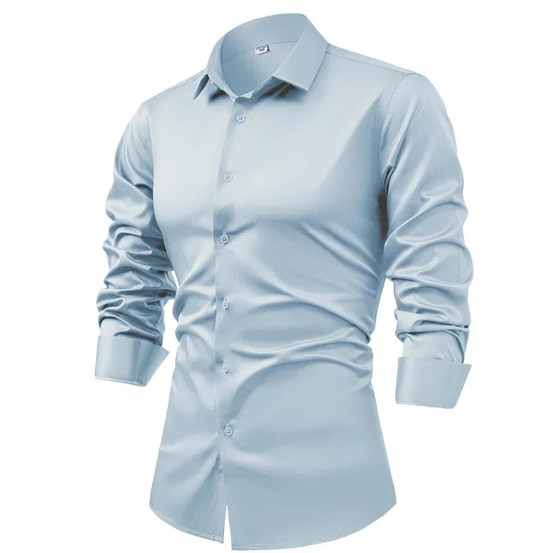High-end Satin Shirts for Men Fashion Long Sleeved Solid Dress Shirts Men's Business Social Non-ironing Wrinkle-resistant Shirts