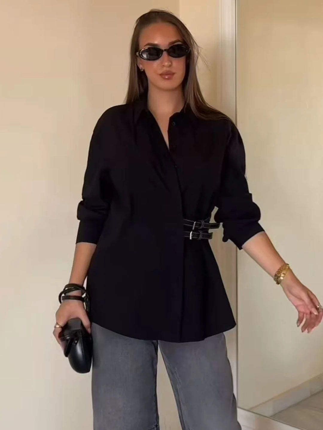 Schwarzes Damen-Langarm-Freizeithemd