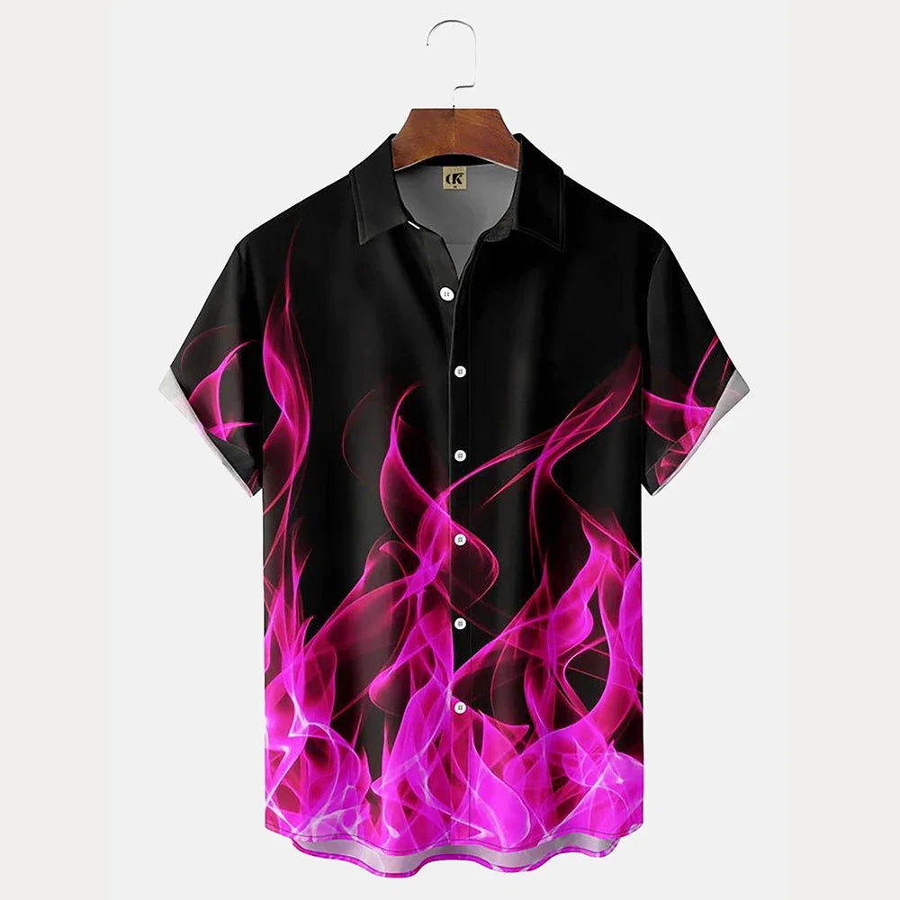 Men's Shirt 3D Vintage Summer Fashion Red Flame Hawaiian Shirt Men's Summer Short-sleeved Loose Shirt 2026 Style