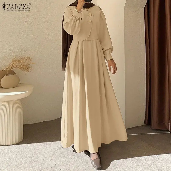 ZANZEA Fashion Muslim Dresses Abaya Ramadan Robe Fake 2 Pieces Women Elegant Long Sleeve Pleated Sundress Dubai Casual Kaftan