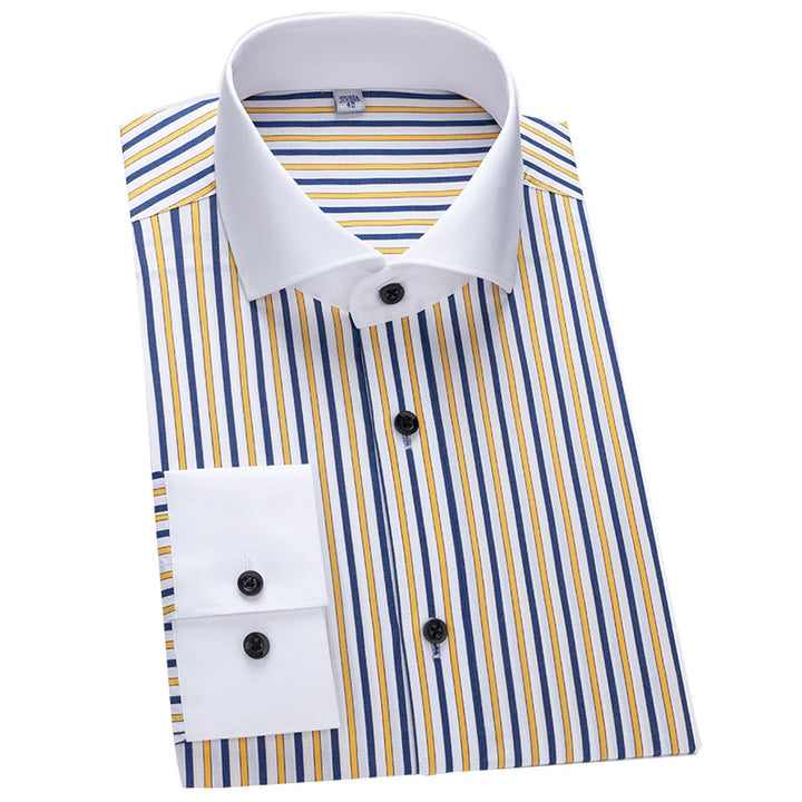 Men's shirt long sleeved slim fit striped Windsor collar contrasting color collar business casual one line collar shirt