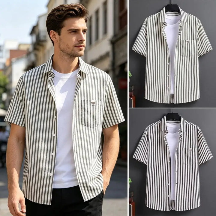 Men Striped Shirt Short Sleeve With Patch Pocket Lapel Loose Fit Summer Casual Button Down Tops