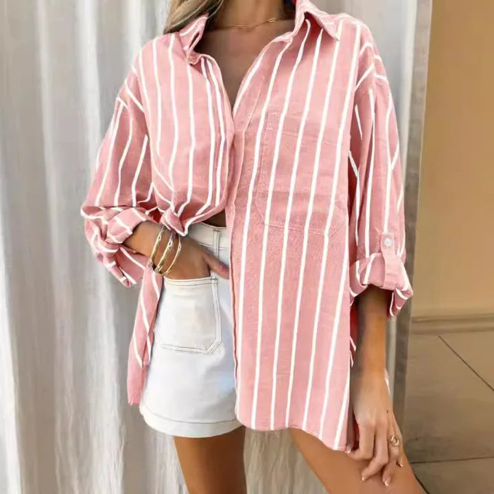 2026 Casual Loose Striped Shirts for Women Spring Summer Fashion Vintage Lapel Long Sleeve Tops Ladies Elegant Versatile Blouses