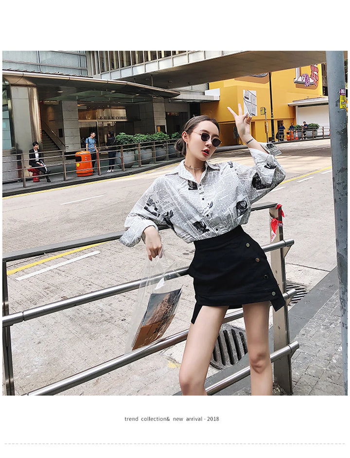 Trendy Shirt Blouse Simple Thin Newspaper Print Shirt Summer Loose Shirt Top Women Solid Color Sun Protection Shirt Streetwear