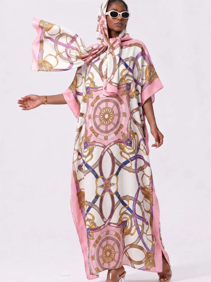 Women Muslim Kaftan Abaya With Matching Hijab Scarf Chain Print Maxi Dress Loose Batwing Sleeve Long Robe Set For Malay