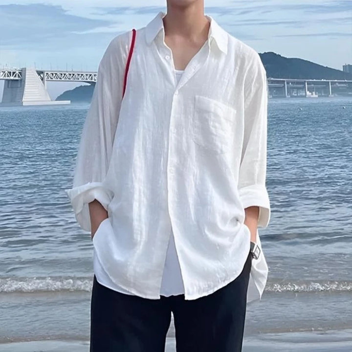 Men's Shirt Premium Thin White Loose Breathable Shirt Loose Long Sleeve Sun Protection Tees Lightweight Vacation Pockets Shirts
