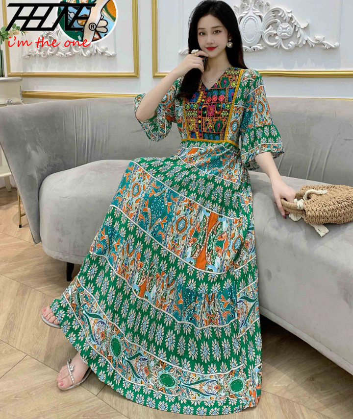 Women’s Indian Summer Dress – Embroidered Elegant Maxi Party & Beach Dress