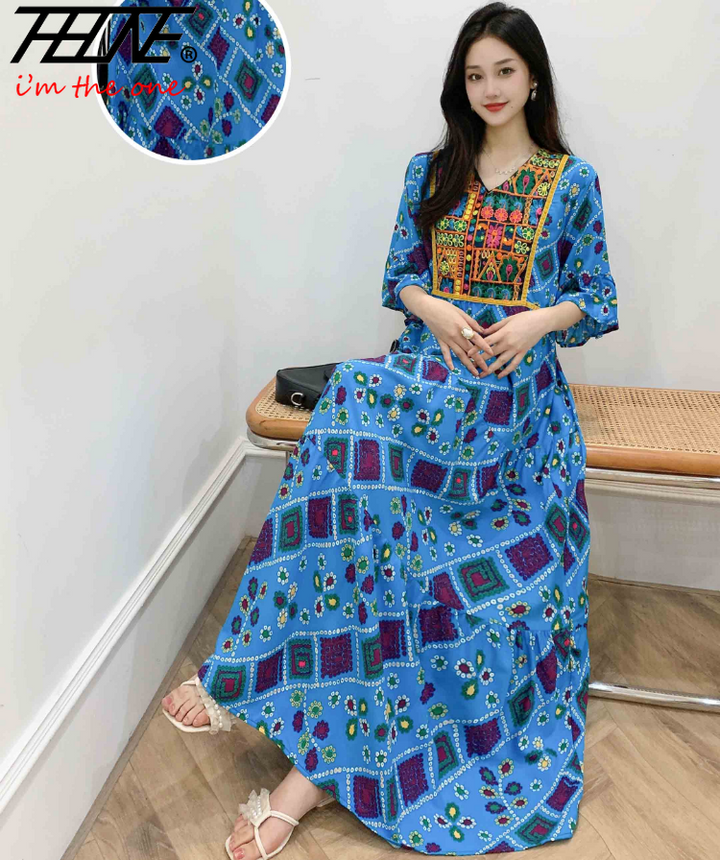 Women’s Indian Summer Dress – Embroidered Elegant Maxi Party & Beach Dress