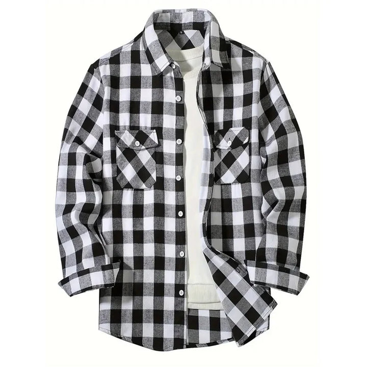 Mens Shirts Fashion Classic Plaid Cardigan Casual Shirt Long Sleeve Chest Two Pockets Turn-Down Collar Spring Autumn Men Tops