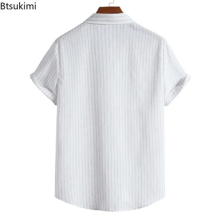 2026 Men's Striped Shirts Fashion Holiday Style Short Sleeve Casual Shirts Comfortable Loose Street Tops Men Summer Basic Shirts