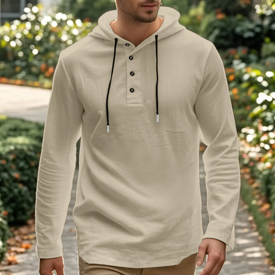 2026 New Men's  T-Shirts Spring Summer Hooded Cotton Linen Tops for Men Soft Loose Henley Shirt Casual Button Long Sleeve Shirts