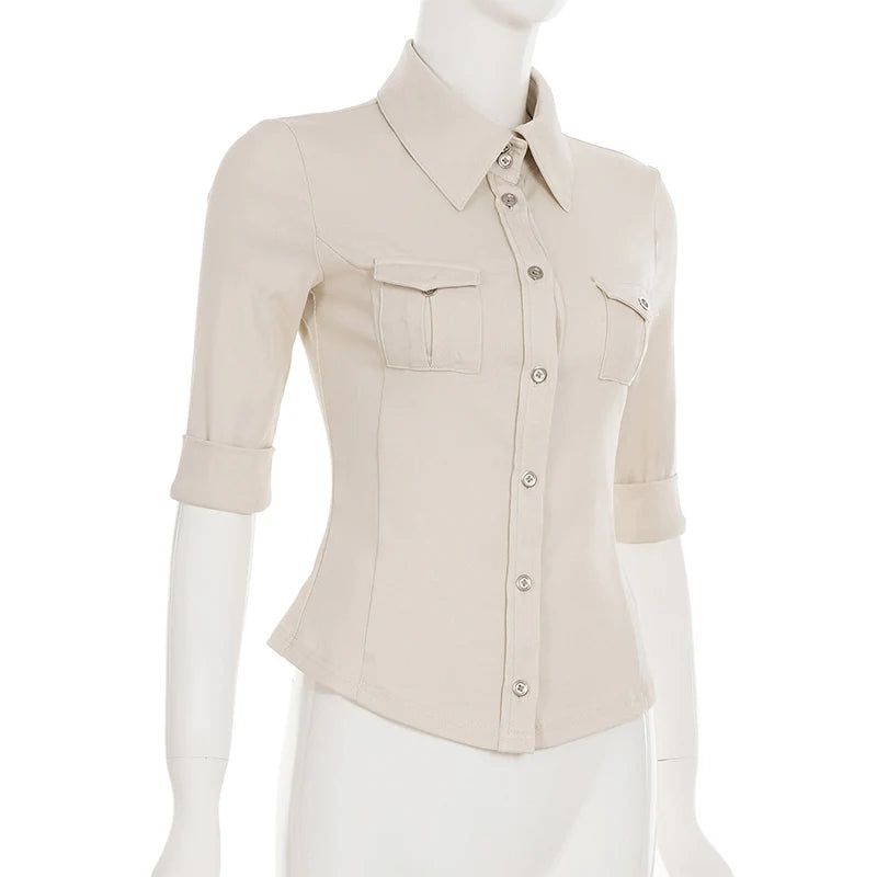 Half Sleeve Button Up Shirts for Woman Clothing Japanese 2000s Style Y2k Tops Harajuku Fashion Blouse