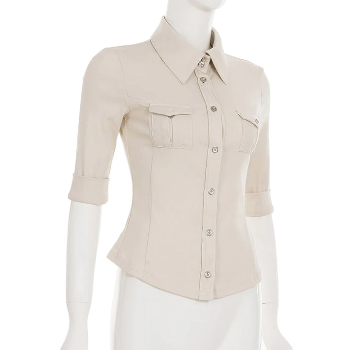 Half Sleeve Button Up Shirts for Woman Clothing Japanese 2000s Style Y2k Tops Harajuku Fashion Blouse