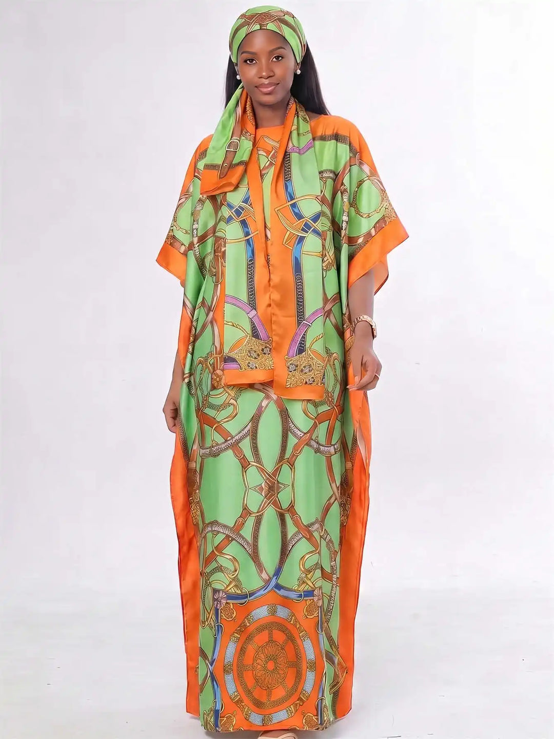 Women Muslim Kaftan Abaya With Matching Hijab Scarf Chain Print Maxi Dress Loose Batwing Sleeve Long Robe Set For Malay