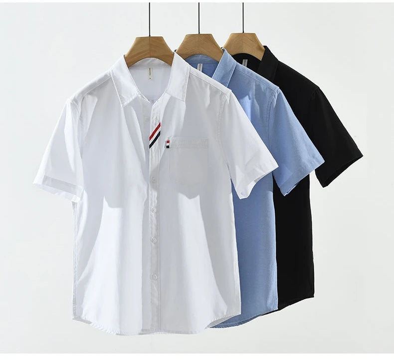 Men's 100% Cotton Short-Sleeve Shirt – Classic Turn-Down Collar, Slim Fit with Chest Pocket & Striped Detail