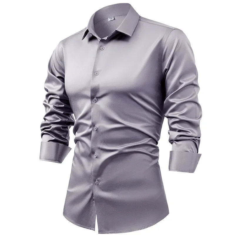 High-end Satin Shirts for Men Fashion Long Sleeved Solid Dress Shirts Men's Business Social Non-ironing Wrinkle-resistant Shirts