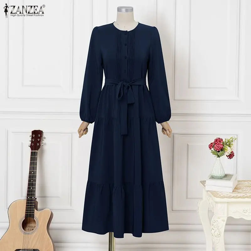 ZANZEA Elegant Muslim Abaya Dress Women O Neck Long Sleeve Pleated Sundress Maxi Robe Casual Kaftan Stylish Party Dress Ramadan