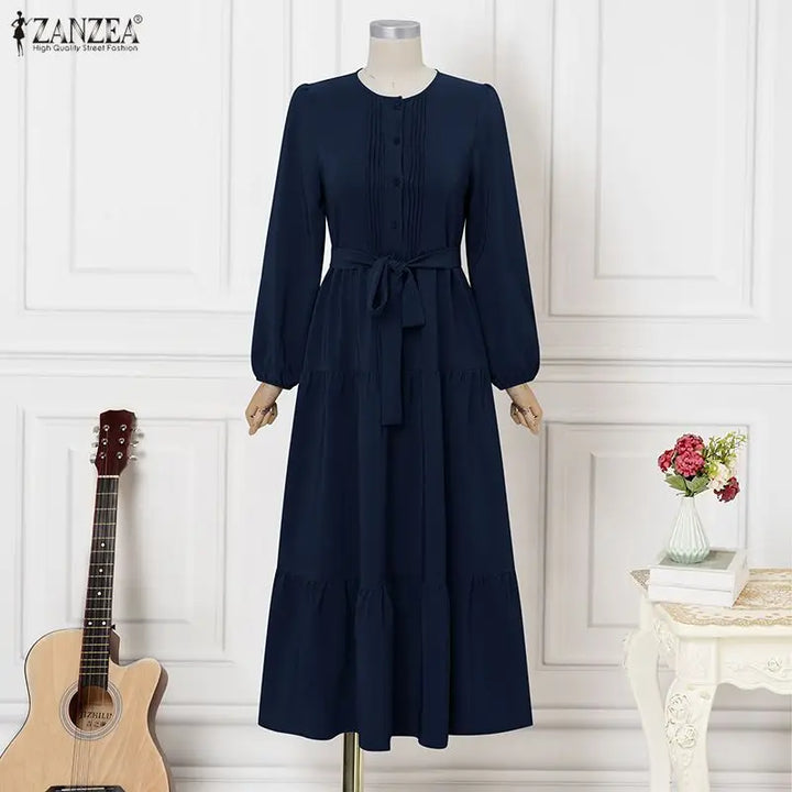 ZANZEA Elegant Muslim Abaya Dress Women O Neck Long Sleeve Pleated Sundress Maxi Robe Casual Kaftan Stylish Party Dress Ramadan