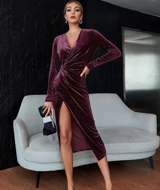 Women Dresses Roupas Feminina Autumn Winter Elegant Solid Color Slit Dress Women's Long Sleeve Formal Evening Sexy Evening Dress