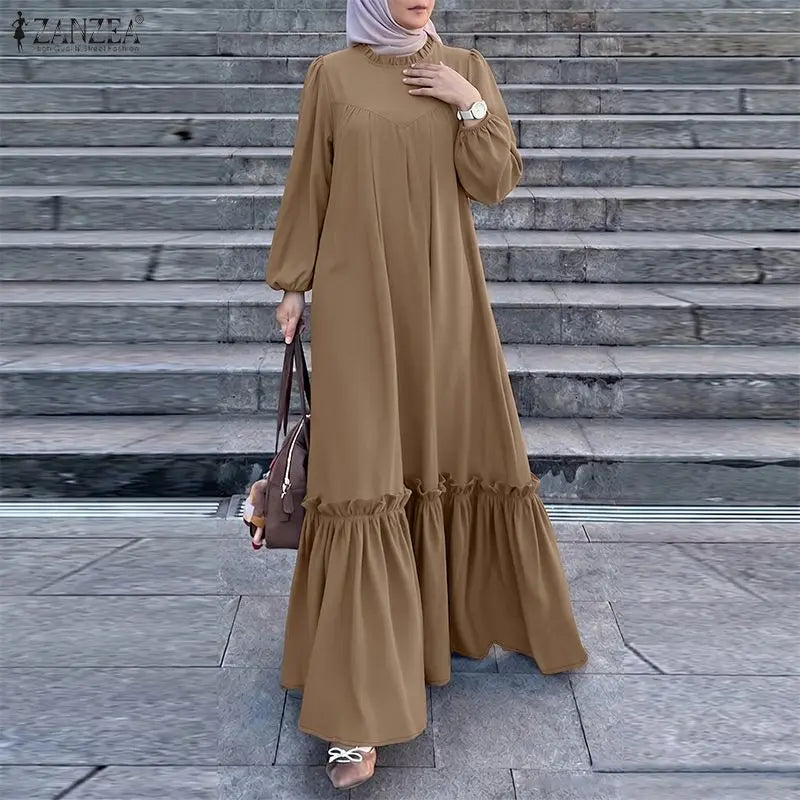 ZANZEA Muslim Modest Fashion Maxi Dress Women's Hijab O-Neck Long Sleeve Ruffled Hem Abaya Robes Islamic Ramadan Eid Kaftan