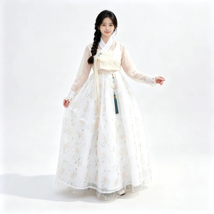 Elegant Women Hanbok Set Sheer Long Sleeve Floral Tulle Skirt Korean Traditional Dress Party Dance Photo Clothes