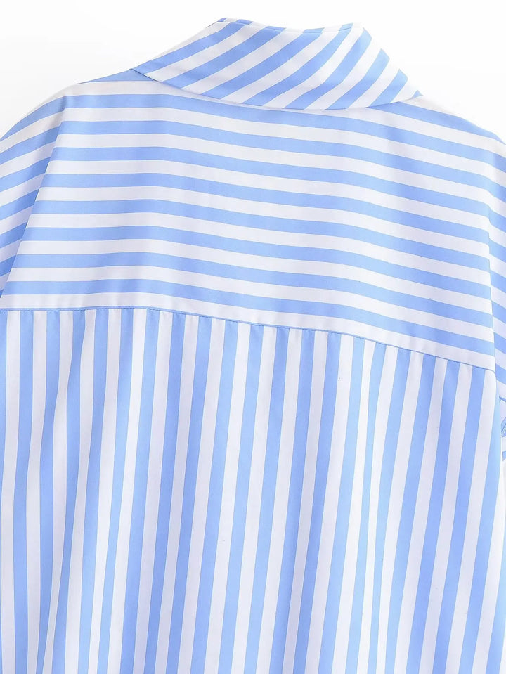 Women's Striped Shirts 2026 Summer Fashion High Neck With Bow Short Sleeve Blouses Casual Female Loose Buttons Tops
