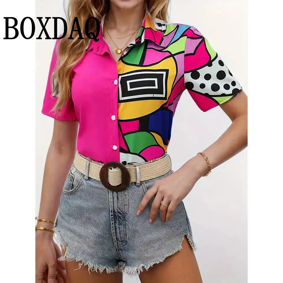 Shirt Fashion Color Matching Printed V-Neck Shirt Ladies Casual Elegant Women Blouse Summer Ladies Hawaiian Vacation Shirts 2025