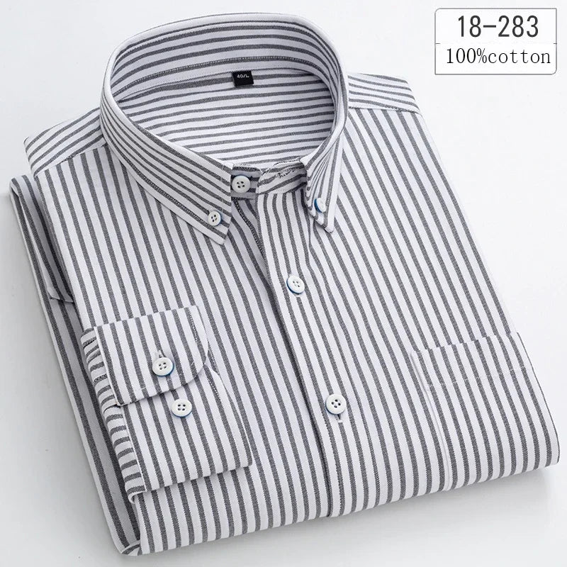 New in Shirt 100% Cotton Long-Sleeve Shirts for Men Slim Fit Plain Shirt Thin Plaid Striped Tops Fashion Elegants Office Clothes