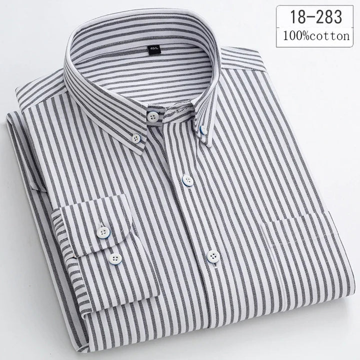 New in Shirt 100% Cotton Long-Sleeve Shirts for Men Slim Fit Plain Shirt Thin Plaid Striped Tops Fashion Elegants Office Clothes