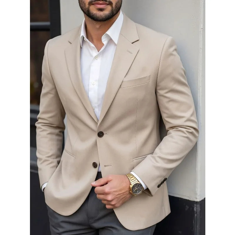 KIDWHXR Man Blazer Korean Slim Simple Solid Color Turn Down Collar Male Suit Outerwear Business Casual Long Sleeeve Men Coat
