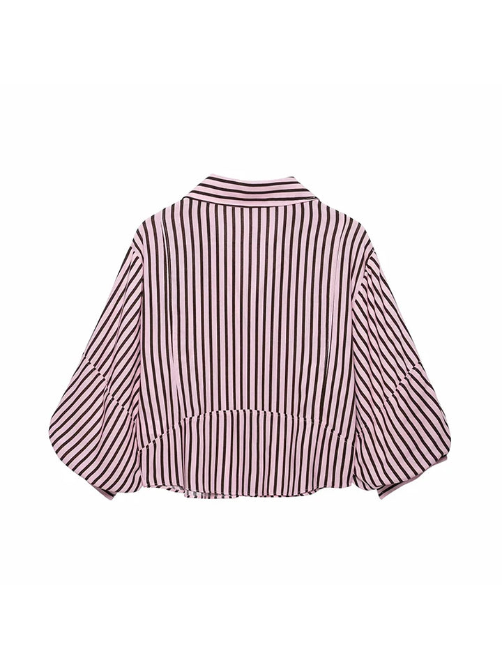 Women Striped Shirts For Women Vintage Elegant Puff Sleeve Summer New High Street Clothes Leisure Single-breasted Lapel Blouse
