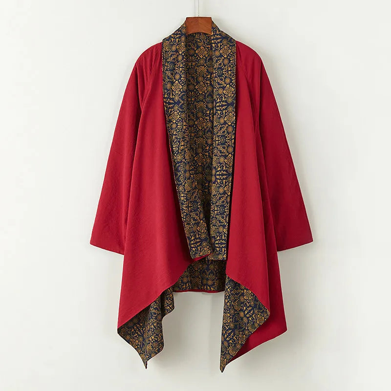 Men's Kimono Cardigan Japanese Samurai Costume Cotton Linen Haori Yukata Streetwear Retro Ethnic Robe Double-Sided Cloak Jacket