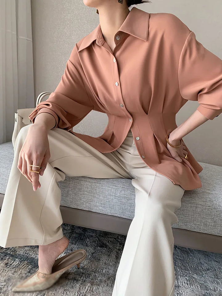 Elegant Women Shirts Woman Waist Long Sleeve Lapel Single Breasted Sashe Shirt Office Lady Business Pleated Ruched Blouses Tops