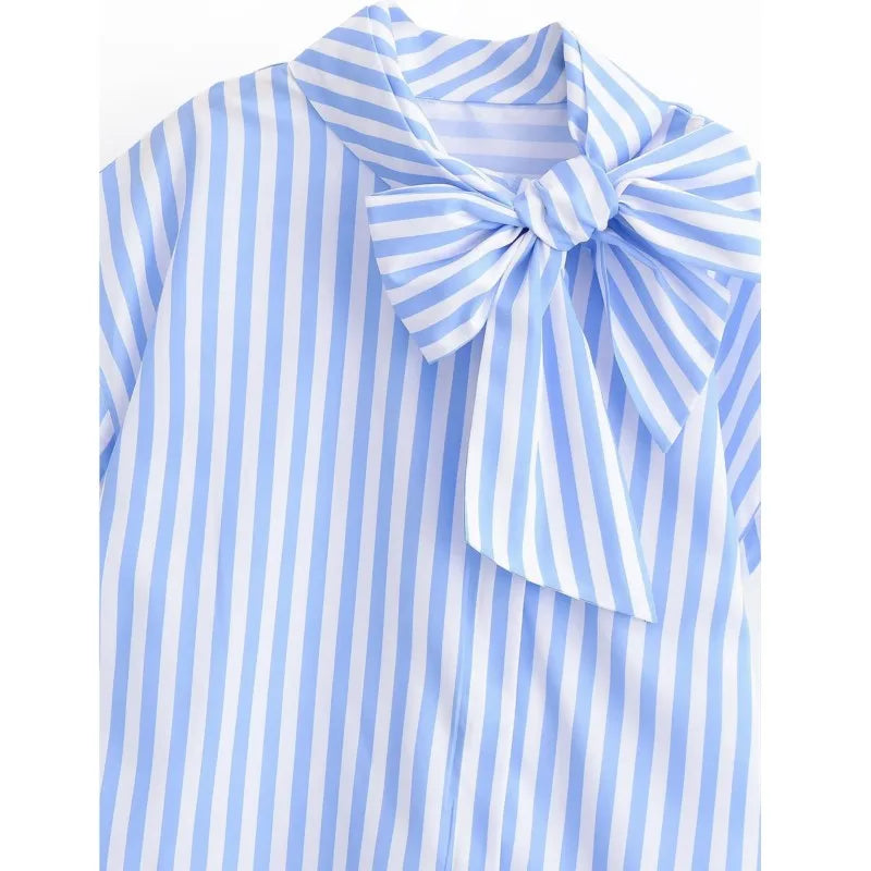 Women's Striped Shirts 2026 Summer Fashion High Neck With Bow Short Sleeve Blouses Casual Female Loose Buttons Tops