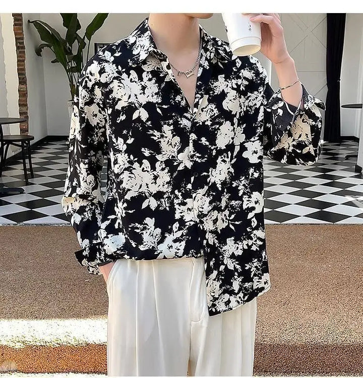 Men's Floral Shirt Men's Style New Long-sleeved Spring Autumn High-end Ice Silk Casual Loose