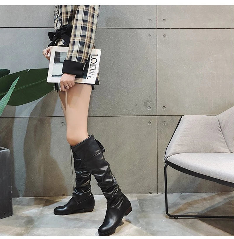 2024 Women’s Knee-High Boots – Pleated Leather, Low Heel, Casual Shoes