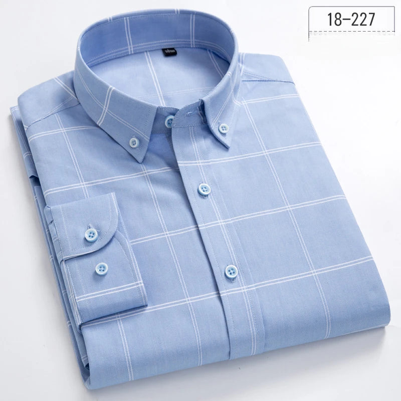 New in Shirt 100% Cotton Long-Sleeve Shirts for Men Slim Fit Plain Shirt Thin Plaid Striped Tops Fashion Elegants Office Clothes