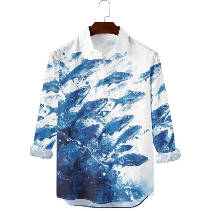 قميص رجالي مطبوع عليه سمك هاواي - قميص كاجوال بأكمام طويلة