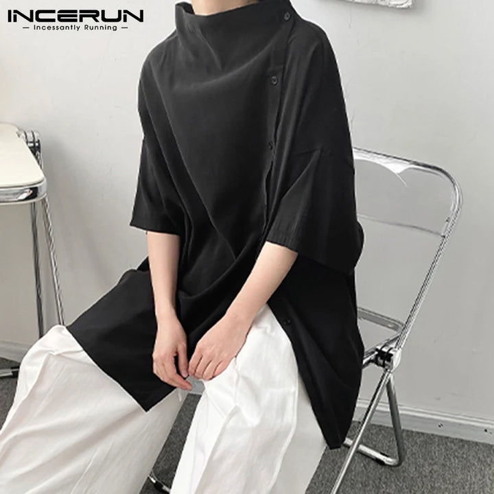 Handsome Well Fitting Men's Casual Shirts Solid Color Turtleneck Half Sleeve Button Up Camisa Masculina S-5XL INCERUN Tops 2023