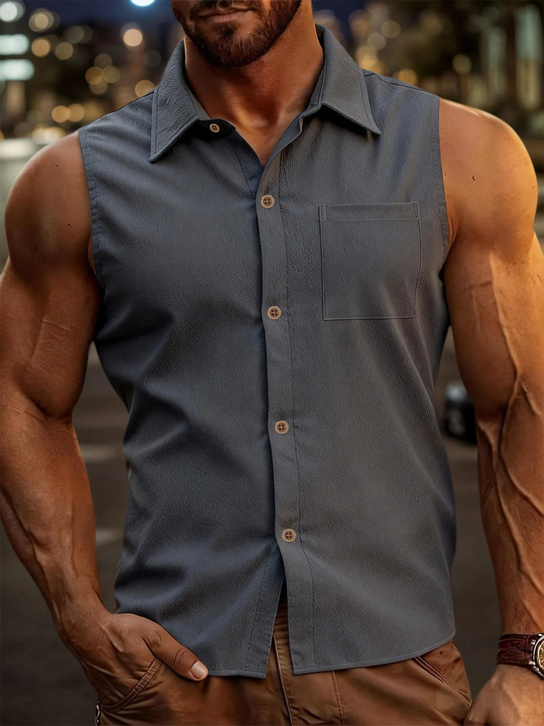 Mens Fashion Casual Sleeveless Shirts Men Turn-down Collar Buttoned Vest Shirt Summer Breathable Male Solid Color Tank Tops