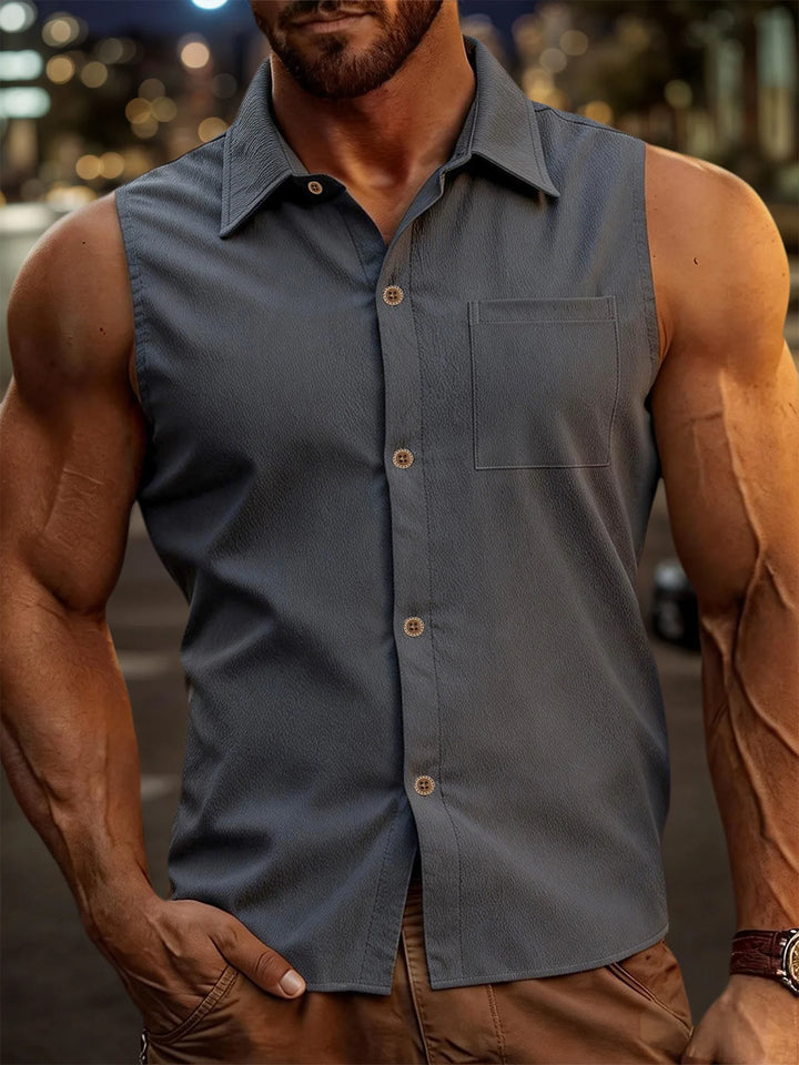 Mens Fashion Casual Sleeveless Shirts Men Turn-down Collar Buttoned Vest Shirt Summer Breathable Male Solid Color Tank Tops