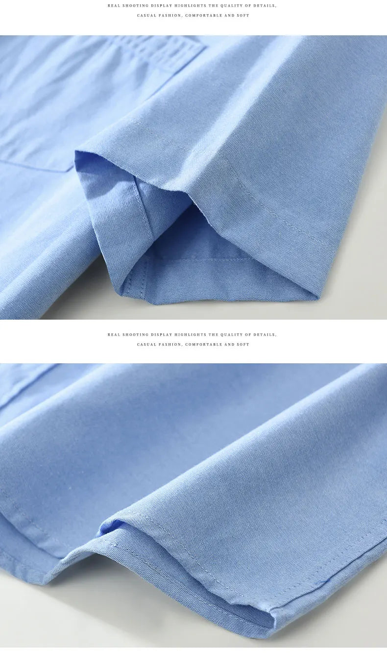 Men's 100% Cotton Short-Sleeve Shirt – Classic Turn-Down Collar, Slim Fit with Chest Pocket & Striped Detail